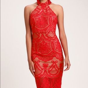 Lulu’s red embroidered halter high neck dress